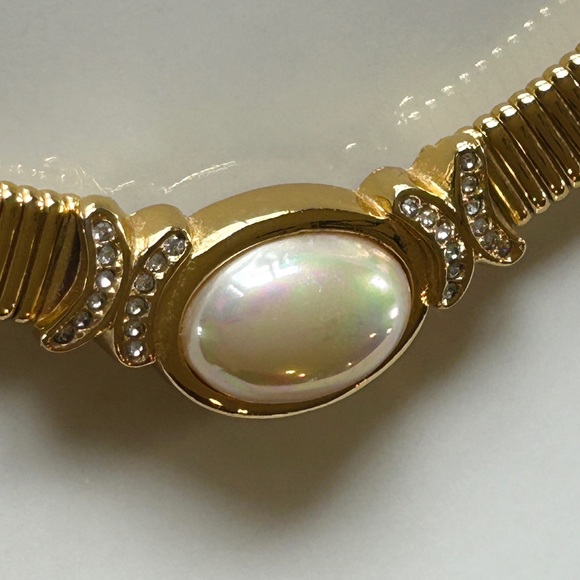 Christian Dior Vintage 1980s Omega Flex Collar Necklace Pearl Crystals Choker - Picture 4 of 10